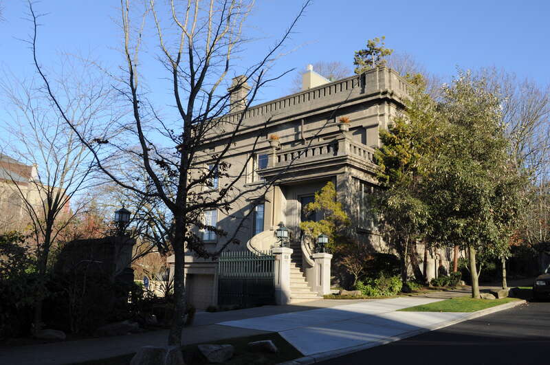 This concrete house on E Highland Drive in the Harvard Belmont Landmark District, Capitol Hill, Seattle, Washington, was built in 1910 for transportation magnate Samuel ("Sam") Hill. Architects: Hornblower and Marshall, based in Washington, D.C.