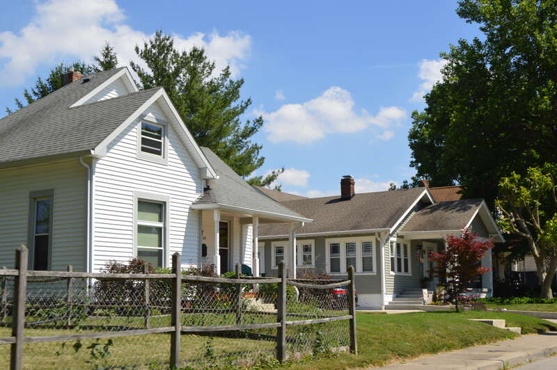 Houses on the eastern side of Smart Street, south of Wiley Street, in Greenwood, Indiana, United States.  This block is part of the Greenwood Residential Historic District, a historic district that is listed on the National Register of Historic