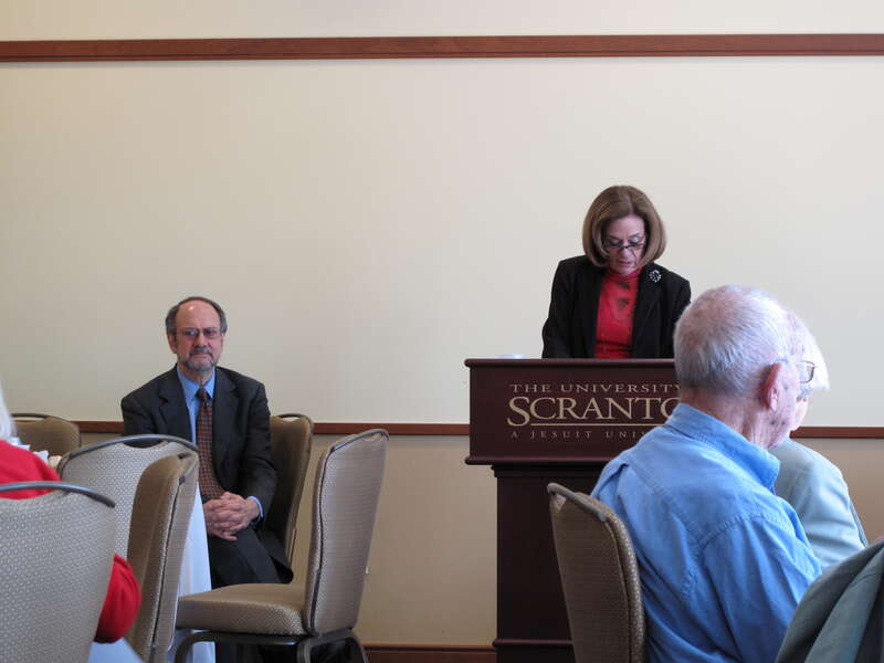 Sondra Myers (Senior Fellow at the University of Scranton) introducting Robert Kuttner, author of the book "Obama's Challenge: America's Economic Crisis and the Power of a Transformational Presidency."  Kuttner was the guest speaker at the April 15,