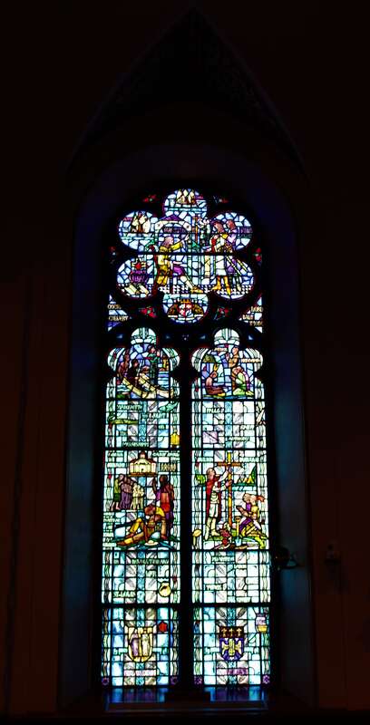 Stained glass windows in St. Ambrose Cathedral in Downtown Des Moines, Iowa.