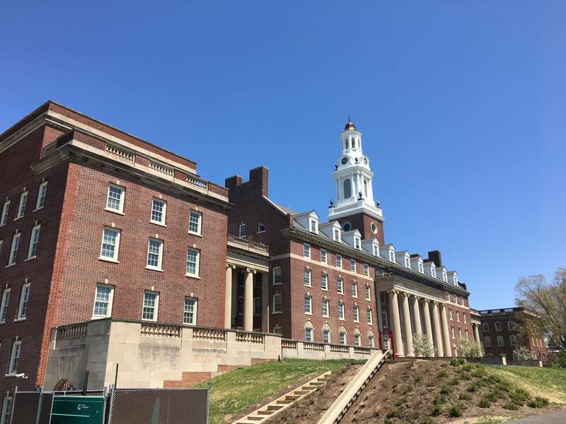 Front (south) facades of the west, central, and east wings of the former St. Luke's Hospital, a listing on the National Register of Historic Places in Cleveland, Ohio.