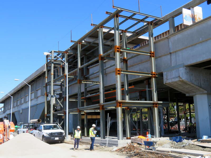 Steelwork for new elevators and stairs at El Cerrito del Norte station in March 2019
