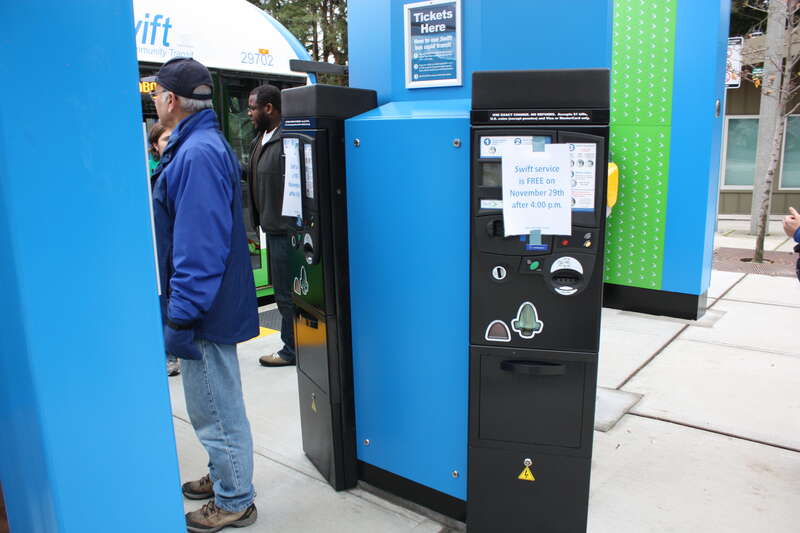 Two Ticket Vending Machines (TVMs) are located at the Aurora Village Transit Center--the southern terminus of Community Transit's Swift BRT line.