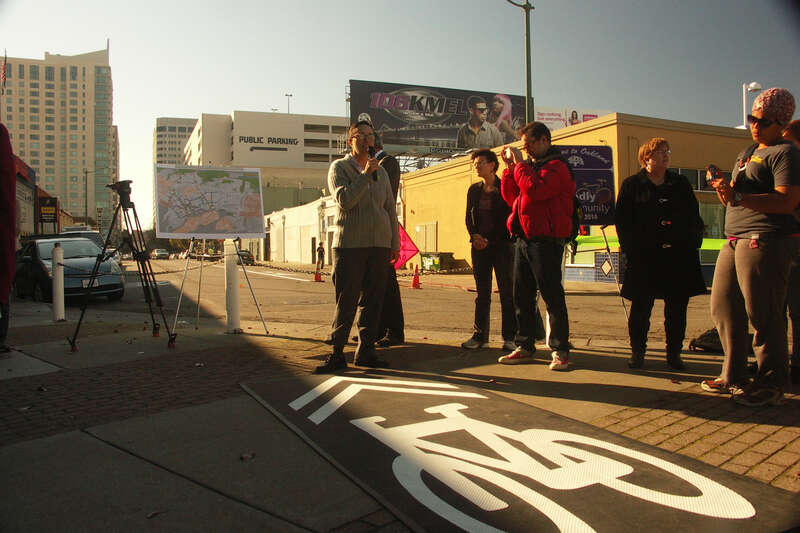 Over Oakland's newest bike lane.