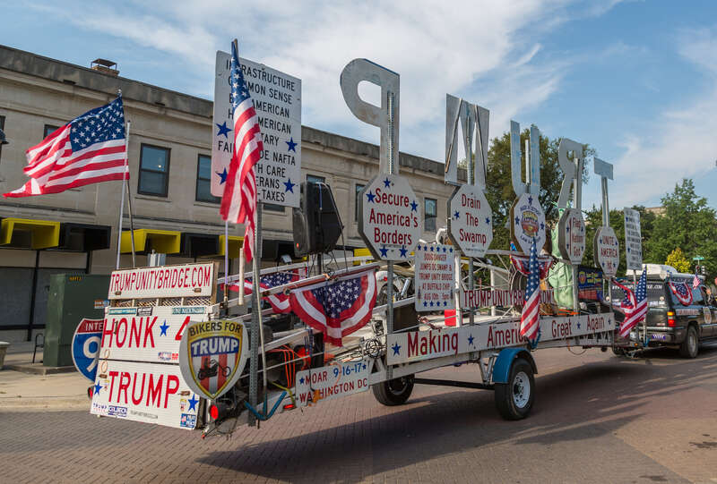 The "Trump Unity Bridge" trailer at the University of Iowa campus on August 18, 2017, in Iowa City, Iowa.