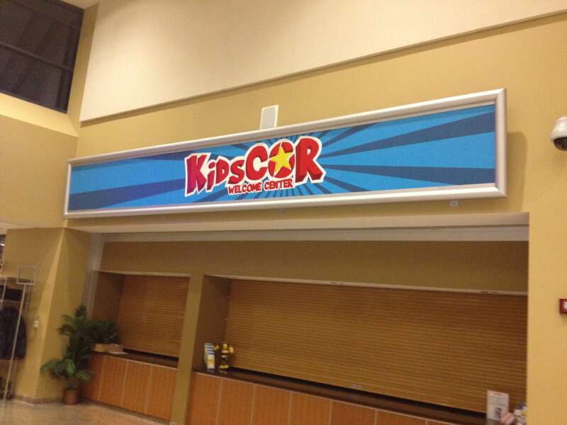 Interior shot of the United Methodist Church of the Resurrection in Leawood, Kansas showing "KidsCOR check-in center)
