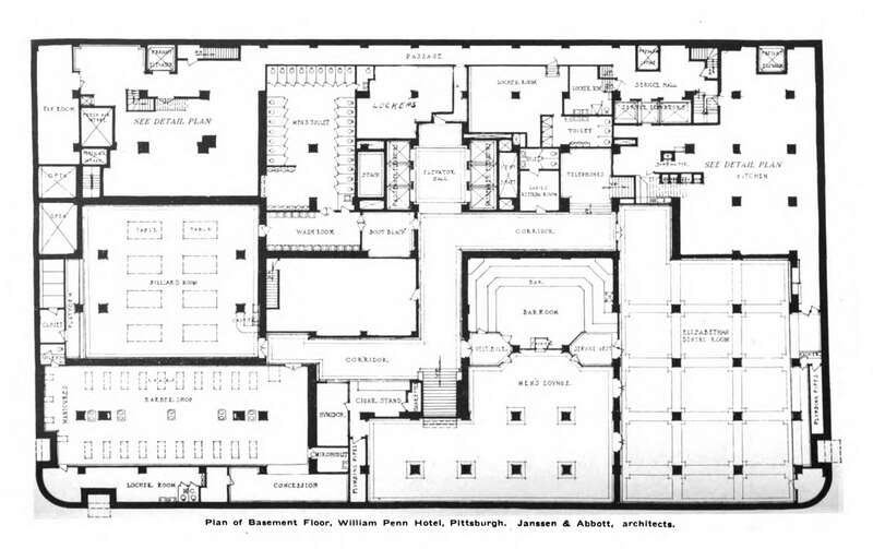 William Penn Hotel (now Omni William Penn Hotel), Pittsburgh, Pennsylvania, original basement floor plan. Janssen and Abbott, architects.