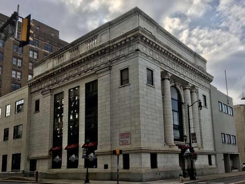 The Wyoming National Bank Building, 24 West Market Street at South Franklin Street, Wilkes-Barre, Pennsylvania, September 2020. The "oldest and most patrician of Wilkes-Barre's banking houses" (to borrow the words of the Society of Architectural