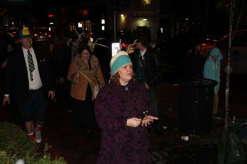 St Nicholas leading the parade, warning children to behave and beware of the Krampusnacht.