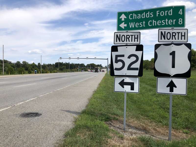 View north along U.S. Route 1 (Baltimore Pike) just south of Pennsylvania State Route 52 (Lenape Road) in Kennett Township, Chester County, Pennsylvania