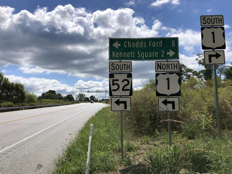 View south along Pennsylvania State Route 52 (Lenape Road) just north of U.S. Route 1 (Baltimore Pike) in Kennett Township, Chester County, Pennsylvania