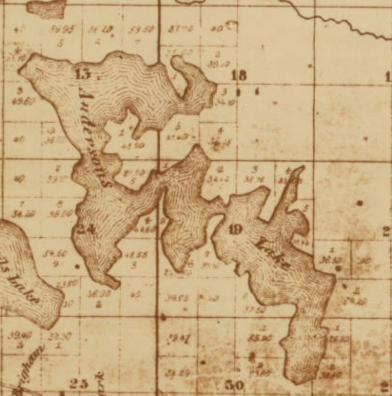 This clipping from R. Cook's "Sectional Map of Hennepin Co. Minnesota Showing Cities, Townships, Townsites, Roads &amp; RailRoads" (1860) shows the contemporary Bush Lake (Bloomington, MN) as a bay on Andersons Lake (now the Anderson Lakes chain).