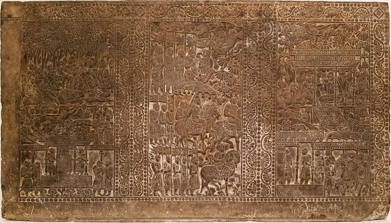 Back panel of a funerary bed showing the deceased drinking from a bull headed rhyton and entertained by fancers and musicians under a grape arbor. Sogdian and Zorastrian imagery. China, Northern Qi, 550 AD - 577 AD, From the Museum of Fine Arts,