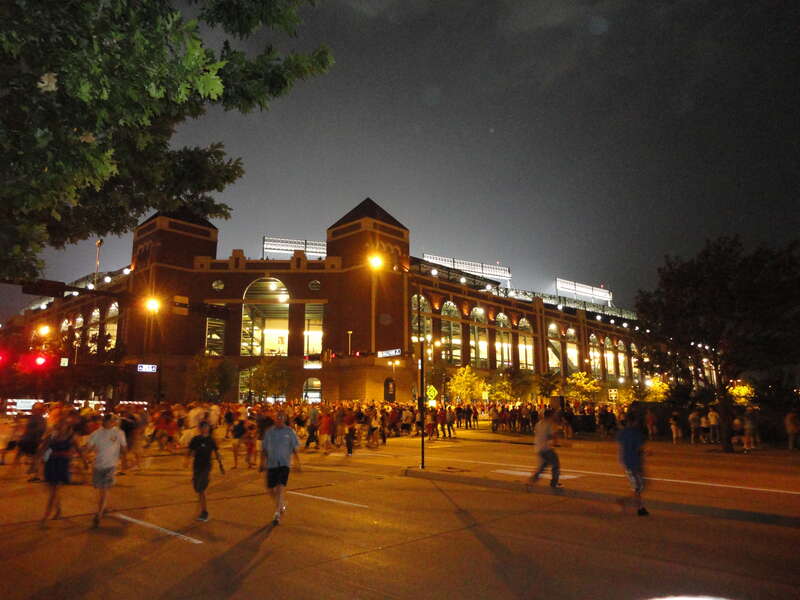 Arlington Stadium at night after a Rangers game; Dallas, Texas.