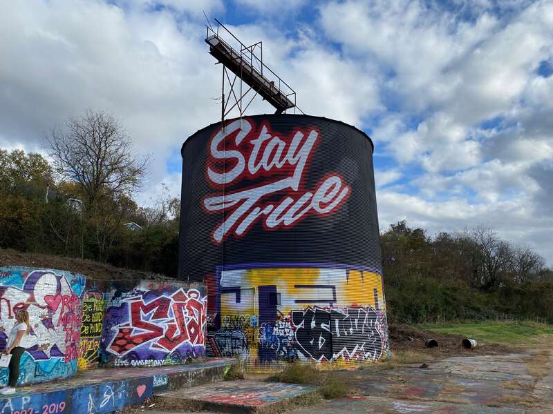 This silo has repainted over the time. Previously:  Good Vibes, Stay Weird, Stay Home and Stay True.
Source: avltoday.6amcity.com/silo-mural-update-asheville-nc/

@ Asheville, North Carolina