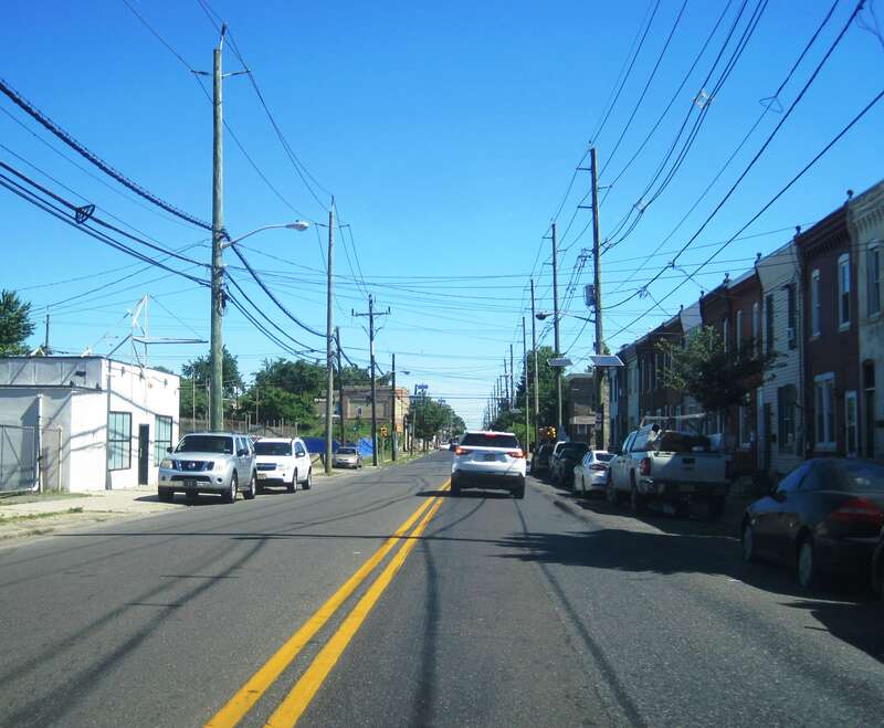Photo of northbound County Route 551 (Broadway) in Camden, New Jersey. Photo taken looking north between Chelton Avenue and Jefferson Street.