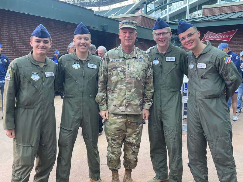 Chief of Space Operations Gen. John W. "Jay" Raymond poses for a photo with U.S. Air Force Academy cadets. (Courtesy Photo)