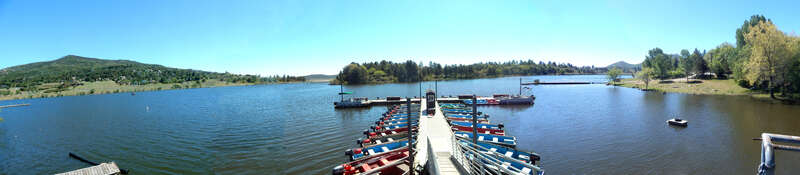 Lake Cuyamaca and boat dock, California State Route 79, Julian, California, USA (panorama view assembled from several sequential photographs, approximately 180° view)