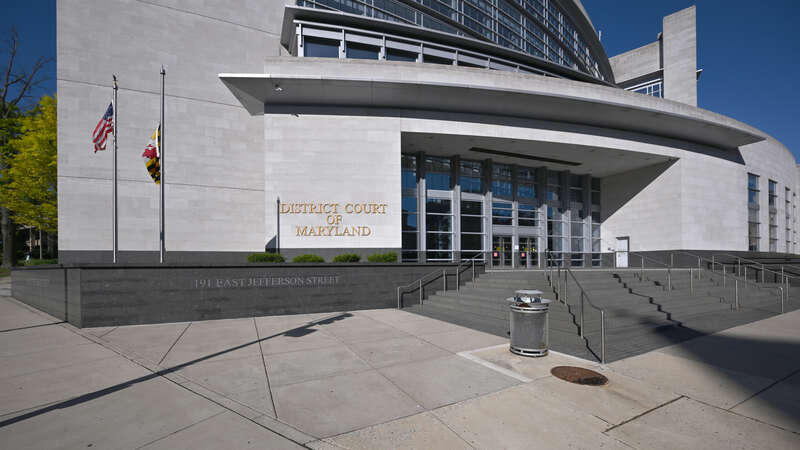 The entrance to the District Court of Maryland which has jurisdiction over  landlord-tenant law cases, replevin actions, motor vehicle violations, misdemeanors, and certain felonies. 191 East Jefferson Street, Rockville, Maryland 20850.