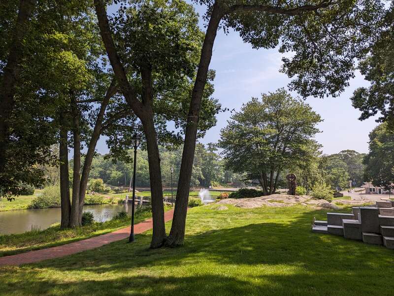 Campus of Endicott College in Beverly, Massachusetts, U.S. A deer is visible at center.