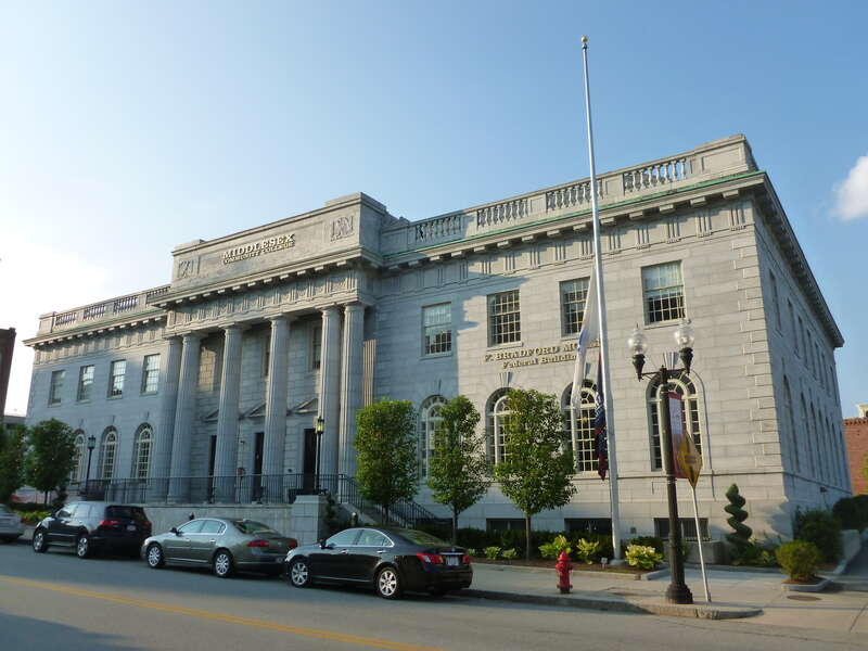 The F. Bradford Morse Federal Building, located at 50 Kearney Square, Lowell, Massachusetts.  South (front) and east sides of building shown.