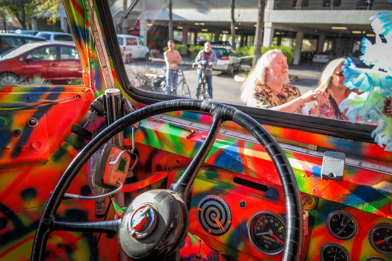 The current incarnation of Ken Kesey's bus, Further, photographed at the Springfield's Kesey exhibit in Springfield, Oregon