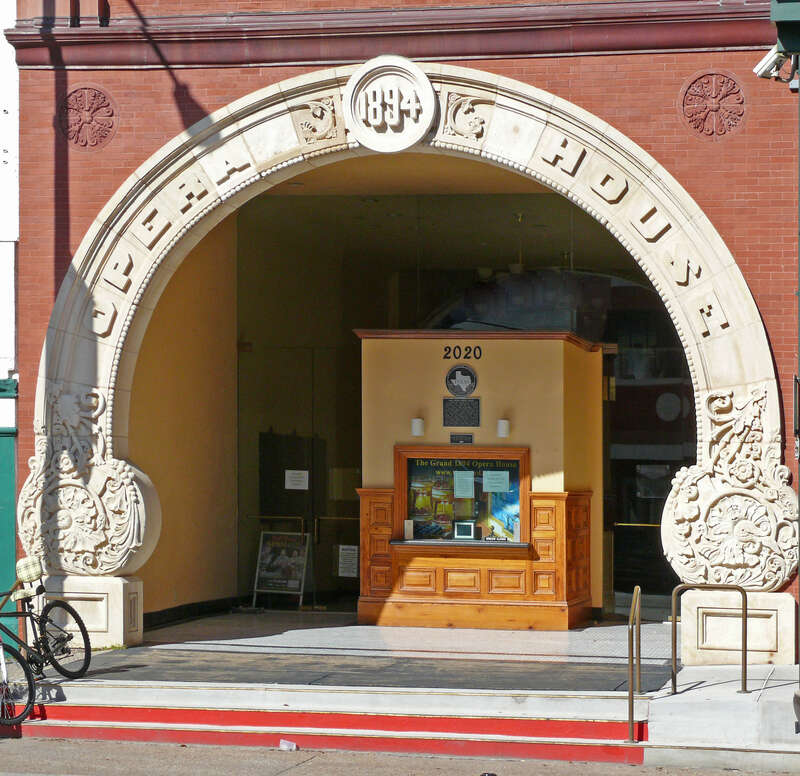 Entrance to Galveston's Grand Opera House
The Grand survived the storms of 1900 and 1915, and Hurricanes Carla and Alicia, as well as years of neglect at various times throughout its history. 
The Grand is one of the few remaining theatres of its era