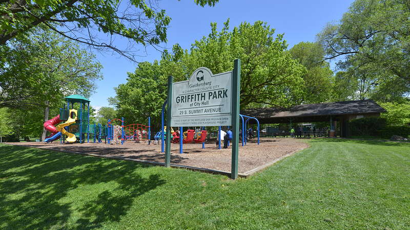 Griffith Park, showing the sign, playground, and picnic pavilion. This park is run by the city of Gaithersburg. 29 South Summit Avenue, Gaithersburg, Maryland 20877.