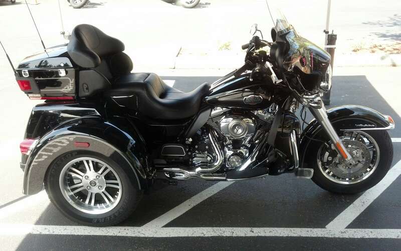 A Harley Davidson Tri Glide. Photo taken at Eastside H-D in Bellevue, Washington. Photo by Jim Heaphy.