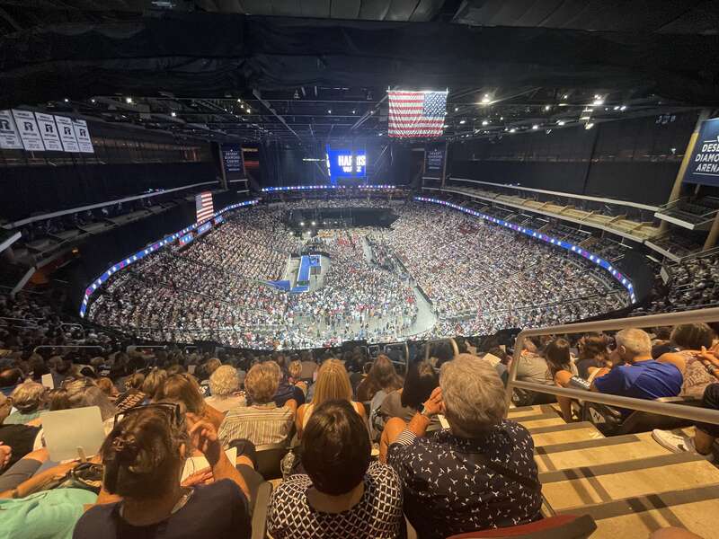 The capacity crowd at the Glendale, Arizona Harris-Walz rally at Desert Diamond Center on August 9, 2024