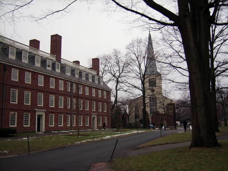 Oldest part and the center of the campus of Harvard University. Freshman Dorms. In the background is the Unitarian Universalist Church.