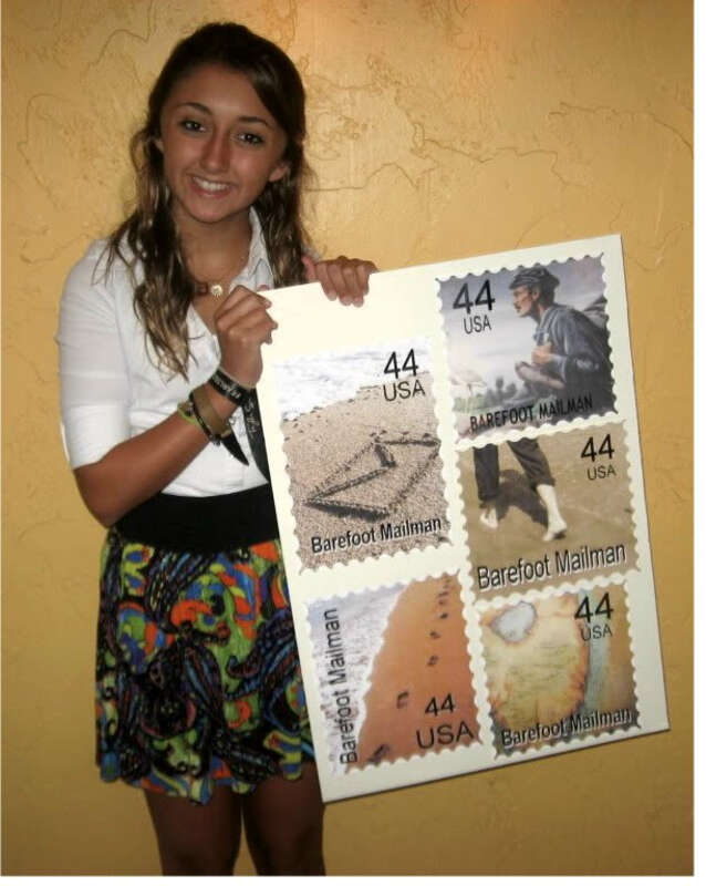 Hayley Crowell of Boca Raton holds five "postage stamps" she designed in an effort to get the USPS to issue acommemorative stamp to honor the Barefoot Mailmen of the 1880's &amp; 90's. (2010 photo) Hayley has a popular Facebook page that chronicles