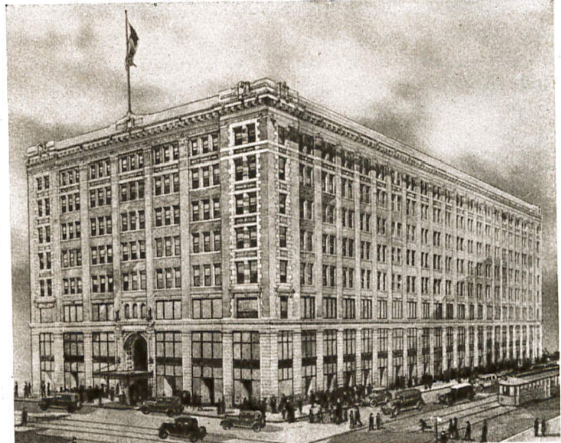 Jenkins Arcade exterior, bordered by Penn Avenue, Fifth Street, Stanwix (formerly Ferry) Street, and Liberty Avenue, Pittsburgh, Pennsylvania. Demolished 1984. The first three floors consisted of a shopping arcade with an atrium; offices were on the