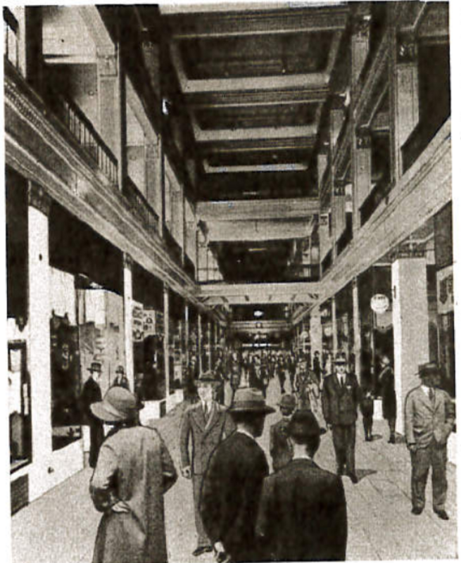 Jenkins Arcade interior, bordered by Penn Avenue, Fifth Street, Stanwix (formerly Ferry) Street, and Liberty Avenue, Pittsburgh Pennsylvania. Demolished 1984. The first three floors consisted of a shopping arcade with an atrium; offices were on the