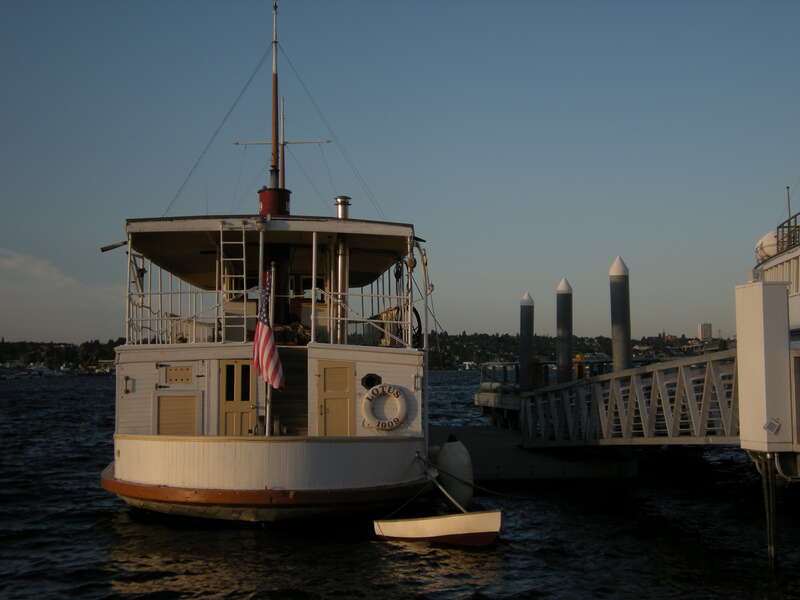 Stern of MV Lotus, normally moored in Olympia, Washington, visiting the Historic Ships Wharf, Seattle, Washington. The 1909 boat is listed on the National Register of Historic Places.