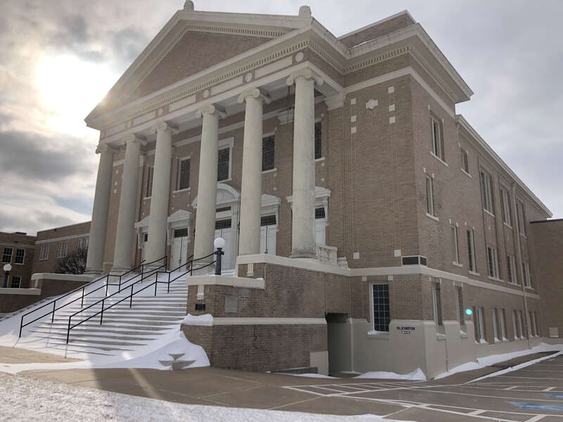 Photo of the First Baptist Church in Muskogee OK during a respite in the w:en:February 13–17, 2021 North American winter storm. Photo taken from the East.