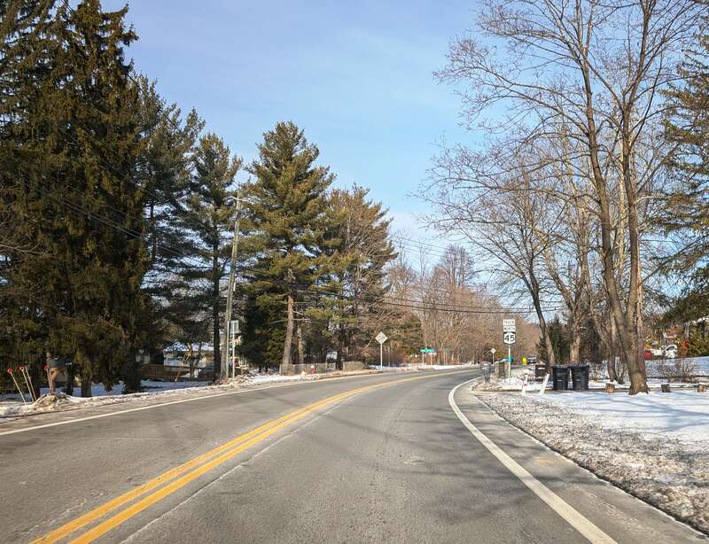 Photo of northbound New York State Route 45 (Chestnut Ridge Road) in the village of Chestnut Ridge within the town of Ramapo, New York showing the first shield for the route heading northbound (signed as "Truck NY 45") past the New Jersey state line.