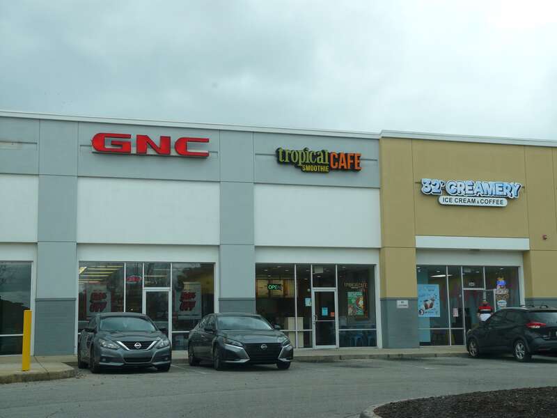 Template:GNC (company) store, Tropical Smoothie Cafe, and 32° Creamery ice cream shop at Ocala Corners in Tallahassee, Florida.