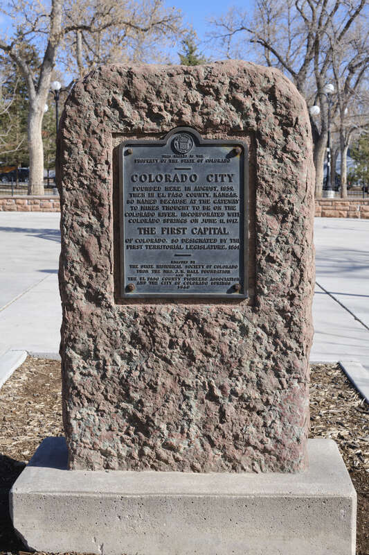 Historical marker in Bancroft Park commemorating Colorado City as the first capital of the Colorado Territory in 1861.