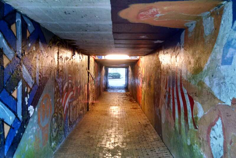 Pedestrian tunnel at Belmont Center station in January 2015
