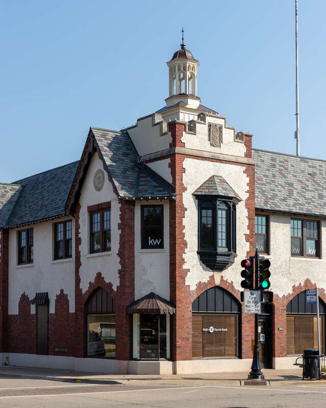 The Public Service Building in Libertyville (1928). It was designed by Hermann V. von Holst, best known for leading Frank Lloyd Wright's architectural practice while Wright was overseas with Mamah Cheney. It was built for Sameul Insull, who moved to