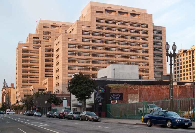 Ronald Reagan State Office Building, side and back, on Main Street, in Downtown Los Angeles. The New Jalisco Bar is a gay bar one block from the Los Angeles Police Department headquarters.