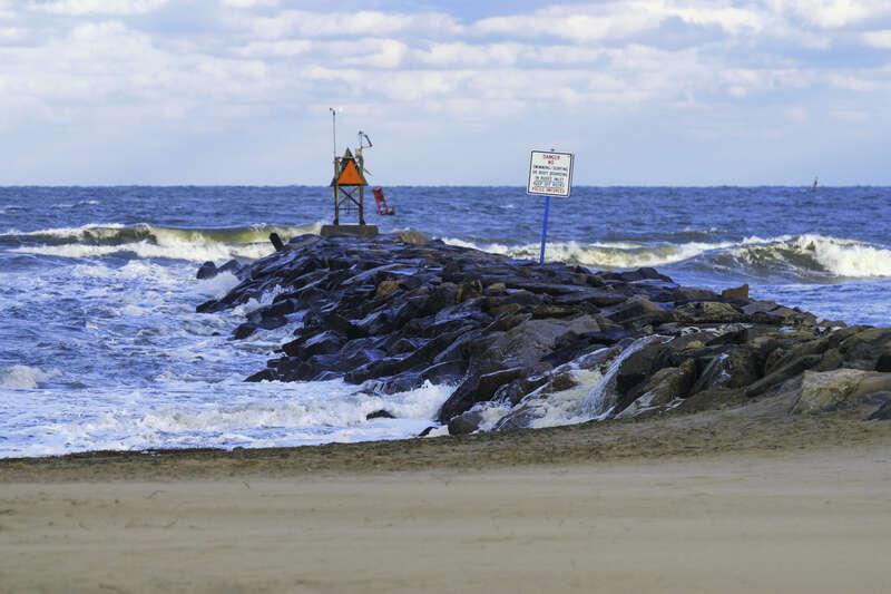 Rudee Inlet jetty during a stormy and windy day.