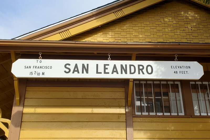 Sign on the former San Leandro station building in February 2021
