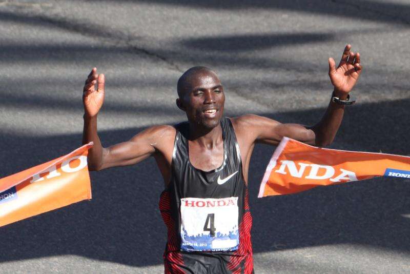 31-year-old Kenyan Simon Njoroge breaks the tape at the 2012 Honda LA Marathon.

Related photo post: <a href="http://michaeldorausch.com/2012-los-angeles-marathon-winner-photos/" rel="nofollow">2012 Los Angeles Marathon Winner Photos</a>