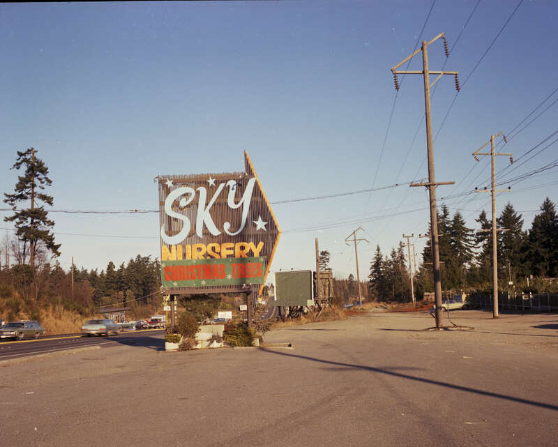 Sky Nursery sign, Shoreline, Washington, 1972. The nursery is still there as of 2024.
