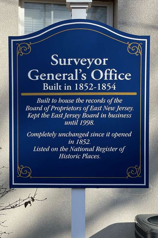 Information sign about the Surveyor General's Office in Perth Amboy, New Jersey.