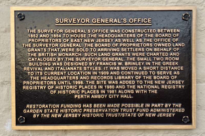Information plaque on the Surveyor General's Office in Perth Amboy, New Jersey.