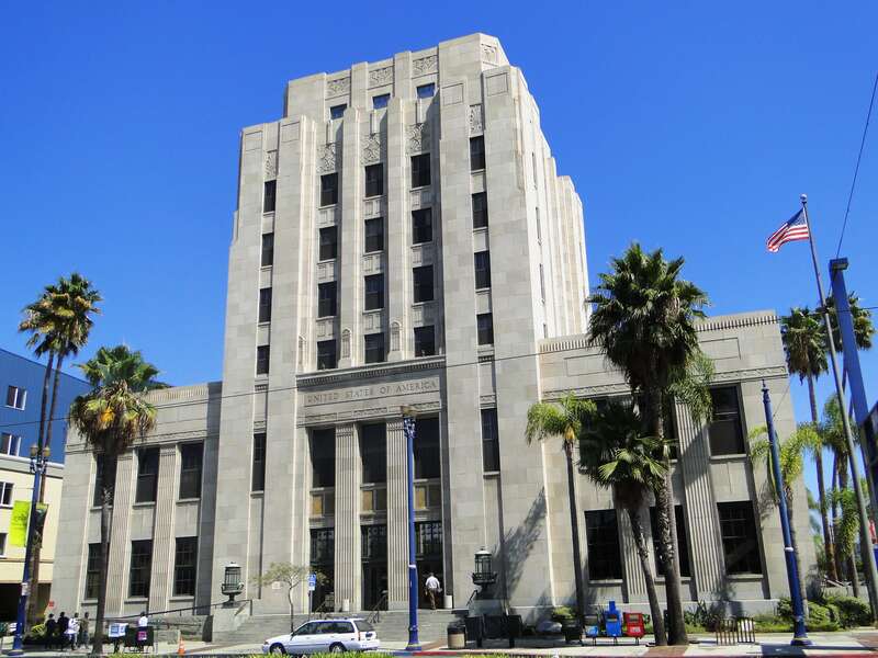 U.S. Post Office - Long Beach Main.
300 Long Beach Blvd., Long Beach, California.
Building in the Art Deco moderne style, on the National Register of Historic Places.