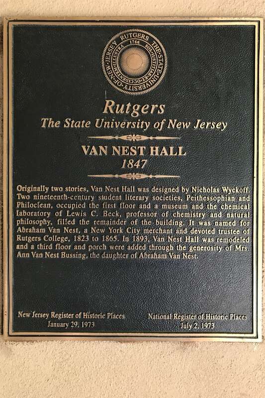 National Register of Historic Places plaque for Van Nest Hall in Queens Campus, Rutgers University in New Brunswick, New Jersey.